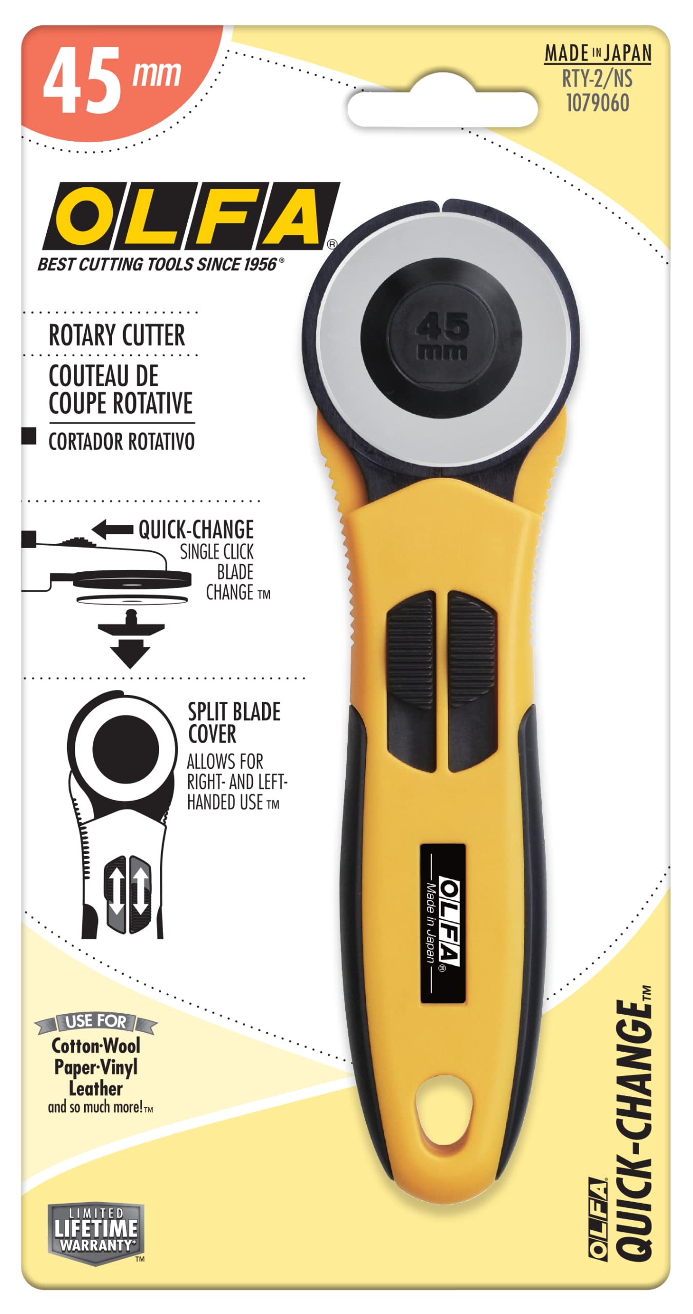 OLFA 45mm Quick-Change Rotary Cutter (RTY-2/NS) - Rotary Fabric Cutter w/Split Blade Cover for Crafts, Sewing, Quilting, Replacement Blade: OLFA RB45-1 - Image 4